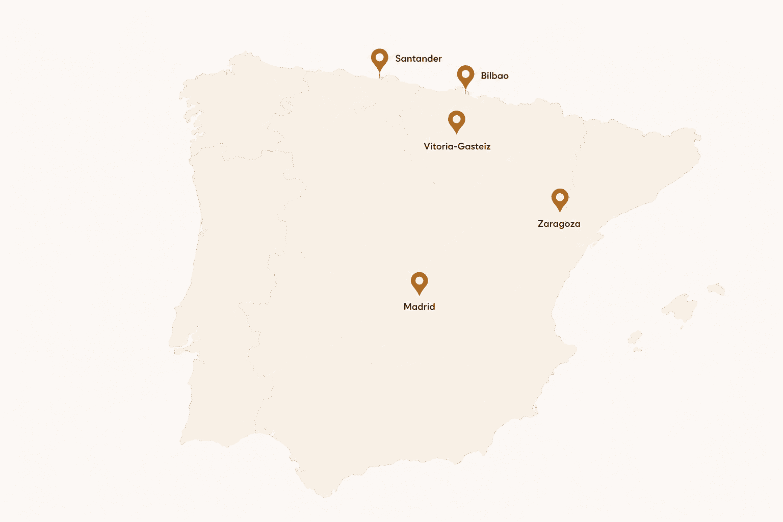Mapa de obradores Bascake en Santander, Bilbao, Vitoria, Zaragoza y Madrid